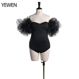 High Quality Stretchy Fabric Maternity Bodysuit for Photoshoot Tulle Puffy Short Sleeve Strapless Spandex Photography Wear YEWEN