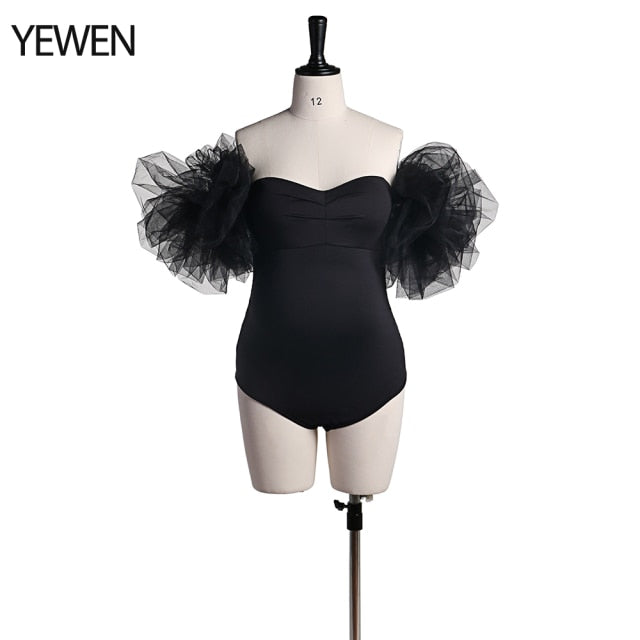 High Quality Stretchy Fabric Maternity Bodysuit for Photoshoot Tulle Puffy Short Sleeve Strapless Spandex Photography Wear YEWEN