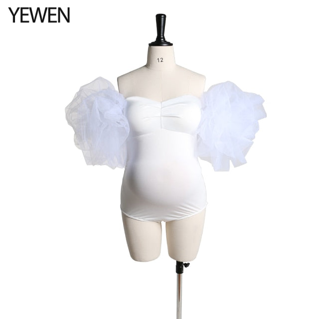 High Quality Stretchy Fabric Maternity Bodysuit for Photoshoot Tulle Puffy Short Sleeve Strapless Spandex Photography Wear YEWEN