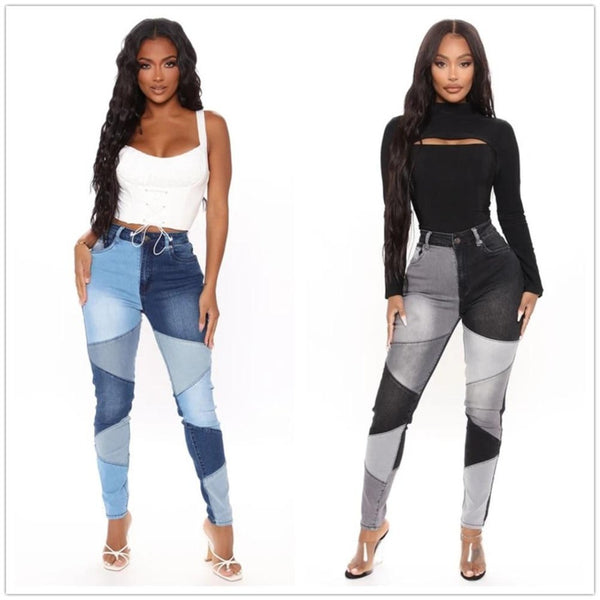 Stitching High Waist Jeans Stretch Denim Pencil Pants