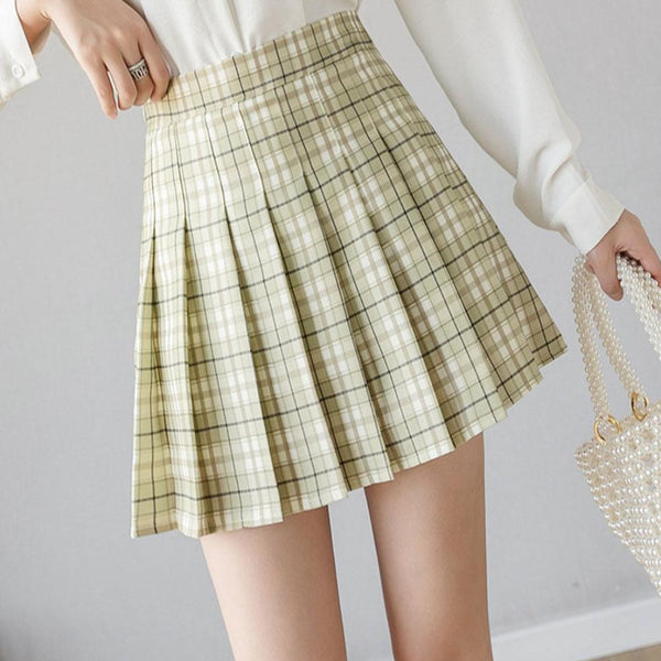 Pleated Plaid A-Line Palid High Waist Preppy