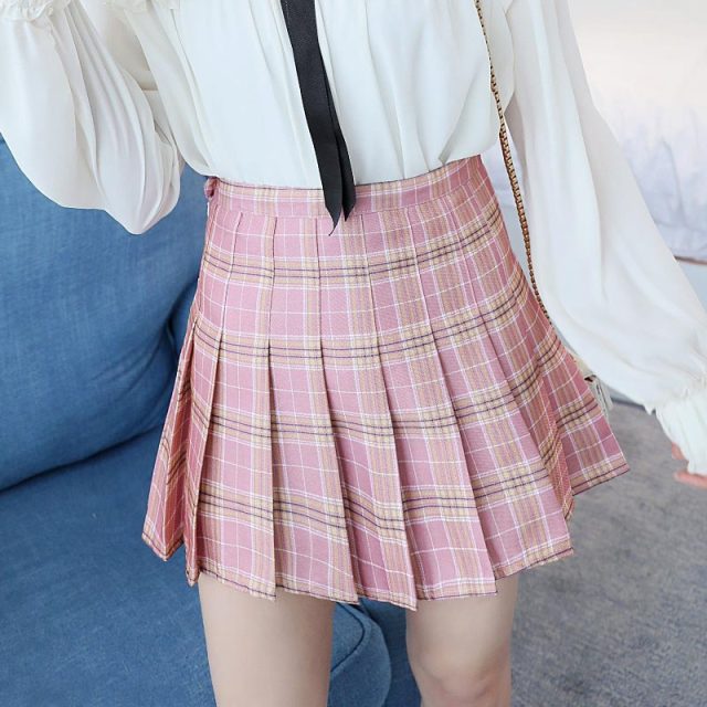 Pleated Plaid A-Line Palid High Waist Preppy
