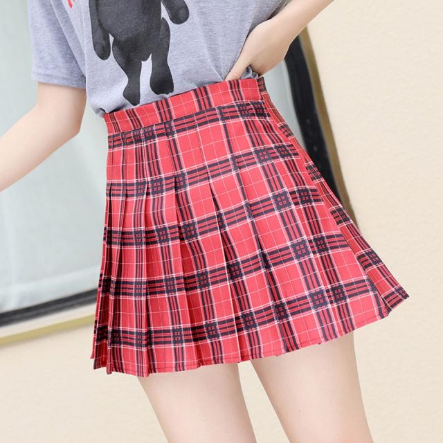 Pleated Plaid A-Line Palid High Waist Preppy