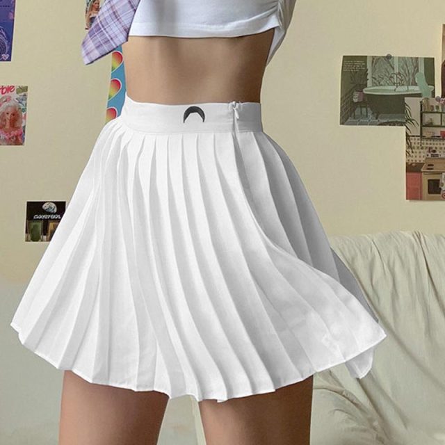Elegant Pleated Mini Skirts Elastics High Waist Embroidery
