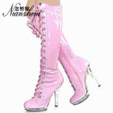 Narrow Band Pink Round Knee Boots