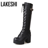Fashion Knee High Boots For Women's Shoe 2020 Lace Up Rubber High Heel Platform Winter Boots Women Autumn Footwear Ladies shoes