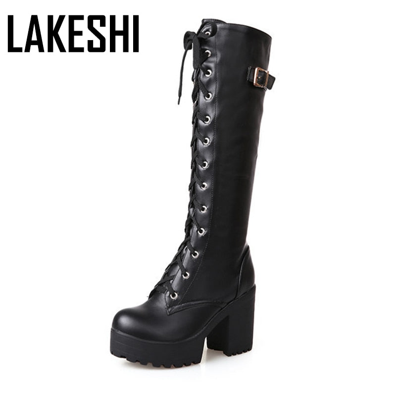 Fashion Knee High Boots For Women's Shoe 2020 Lace Up Rubber High Heel Platform Winter Boots Women Autumn Footwear Ladies shoes