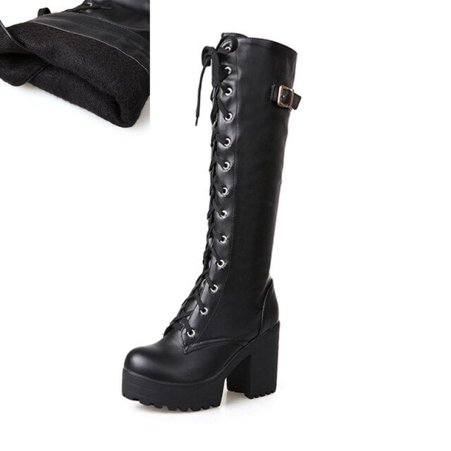 Fashion Knee High Boots For Women's Shoe 2020 Lace Up Rubber High Heel Platform Winter Boots Women Autumn Footwear Ladies shoes