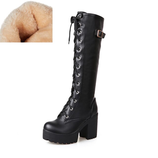 Fashion Knee High Boots For Women's Shoe 2020 Lace Up Rubber High Heel Platform Winter Boots Women Autumn Footwear Ladies shoes