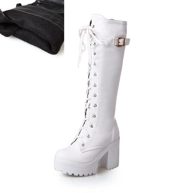 Fashion Knee High Boots For Women's Shoe 2020 Lace Up Rubber High Heel Platform Winter Boots Women Autumn Footwear Ladies shoes