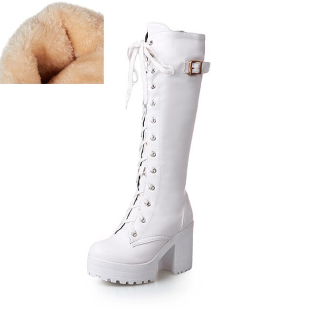 Fashion Knee High Boots For Women's Shoe 2020 Lace Up Rubber High Heel Platform Winter Boots Women Autumn Footwear Ladies shoes