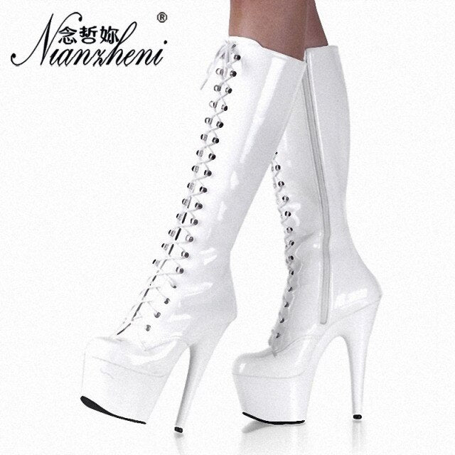 6 Inch High Heels Platform Heels Patent Leather White Knee Boots 15cm Lace Up Round Heels Womens Dress Stage Pole Dancing Sexy