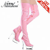 Women Winter 6 Inch High Heel Thigh 15CM Shoes Over The Knee Strappy Boots Pink Fetish Pole Dance Gothic For Thin Legs Platform