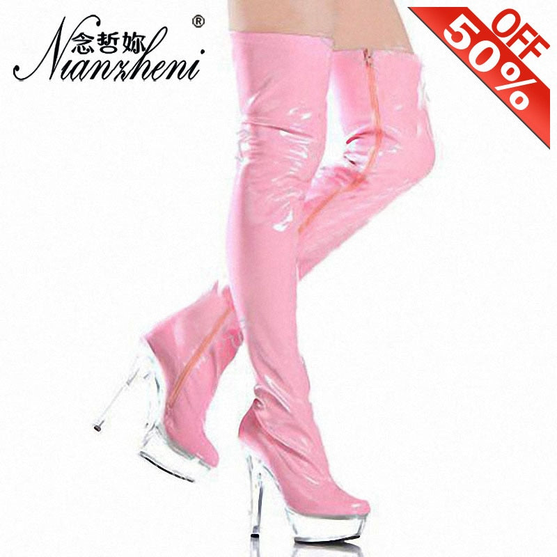 Women Winter 6 Inch High Heel Thigh 15CM Shoes Over The Knee Strappy Boots Pink Fetish Pole Dance Gothic For Thin Legs Platform