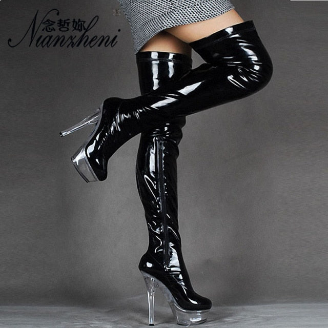 Women Winter 6 Inch High Heel Thigh 15CM Shoes Over The Knee Strappy Boots Pink Fetish Pole Dance Gothic For Thin Legs Platform