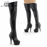 Women Winter 6 Inch High Heel Thigh 15CM Shoes Over The Knee Strappy Boots Pink Fetish Pole Dance Gothic For Thin Legs Platform
