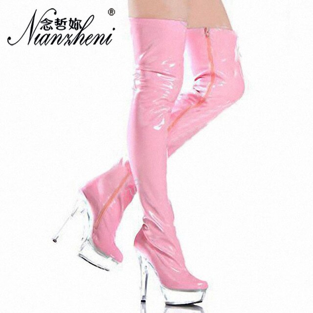 Women Winter 6 Inch High Heel Thigh 15CM Shoes Over The Knee Strappy Boots Pink Fetish Pole Dance Gothic For Thin Legs Platform