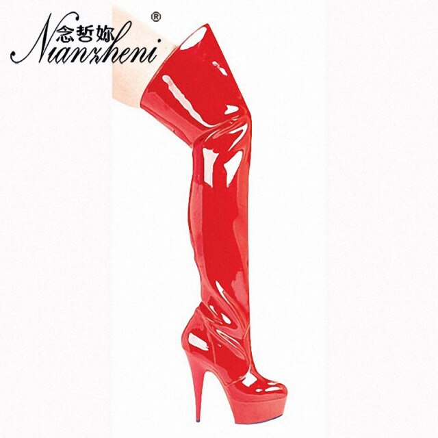 Women Winter 6 Inch High Heel Thigh 15CM Shoes Over The Knee Strappy Boots Pink Fetish Pole Dance Gothic For Thin Legs Platform