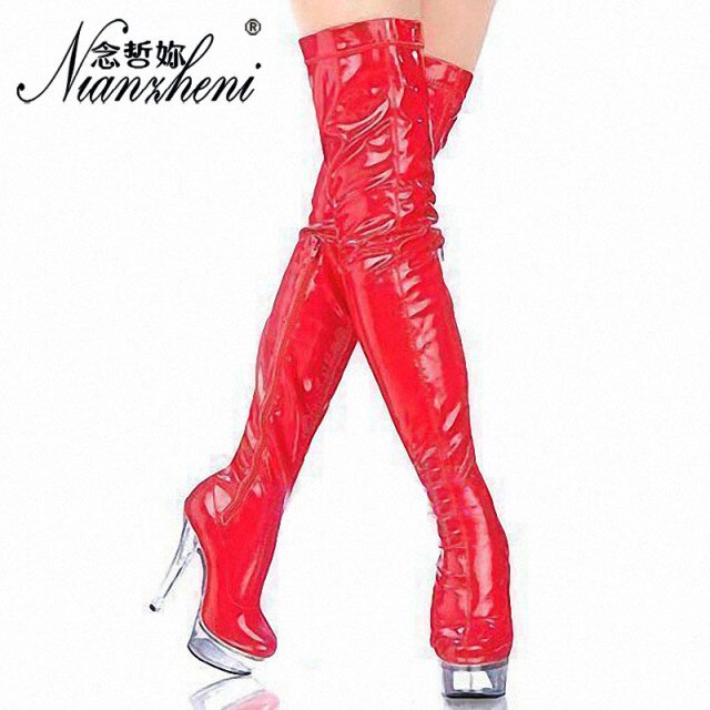 Women Winter 6 Inch High Heel Thigh 15CM Shoes Over The Knee Strappy Boots Pink Fetish Pole Dance Gothic For Thin Legs Platform