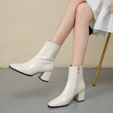 Dropshipping Autumn Women Fashion Square High Heels Zapatos De Mujer White Patent Leather Shoes Ankle Boots Black Woman Zipper