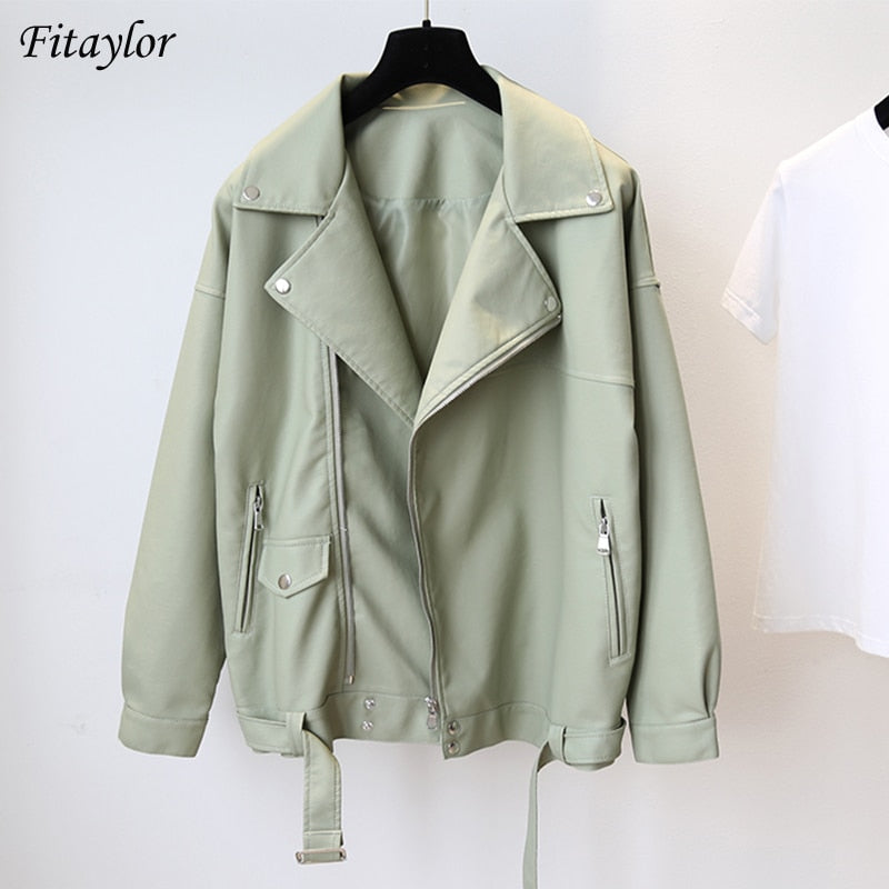 Fitaylor New Spring Women Loose Pu Faux Leather Jacket
