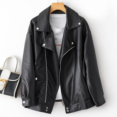 Fitaylor New Spring Women Loose Pu Faux Leather Jacket