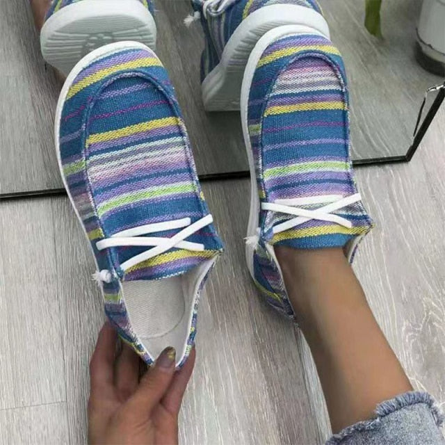 Stripe Ethnic Style Sneakers for Women Breathable Female Ladies Shoes 2021 Spring Autumn Elegant Women Lace Up Flats Shoes New