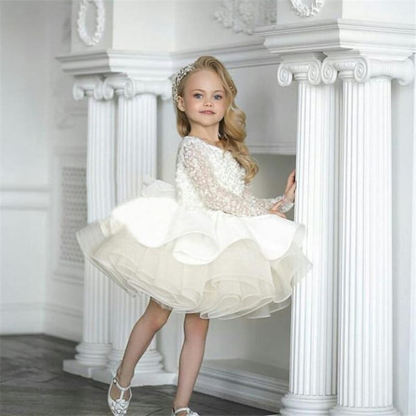 Ivory White Long Sleeve Girls Dresses Puffy