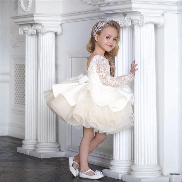 Ivory White Long Sleeve Girls Dresses Puffy