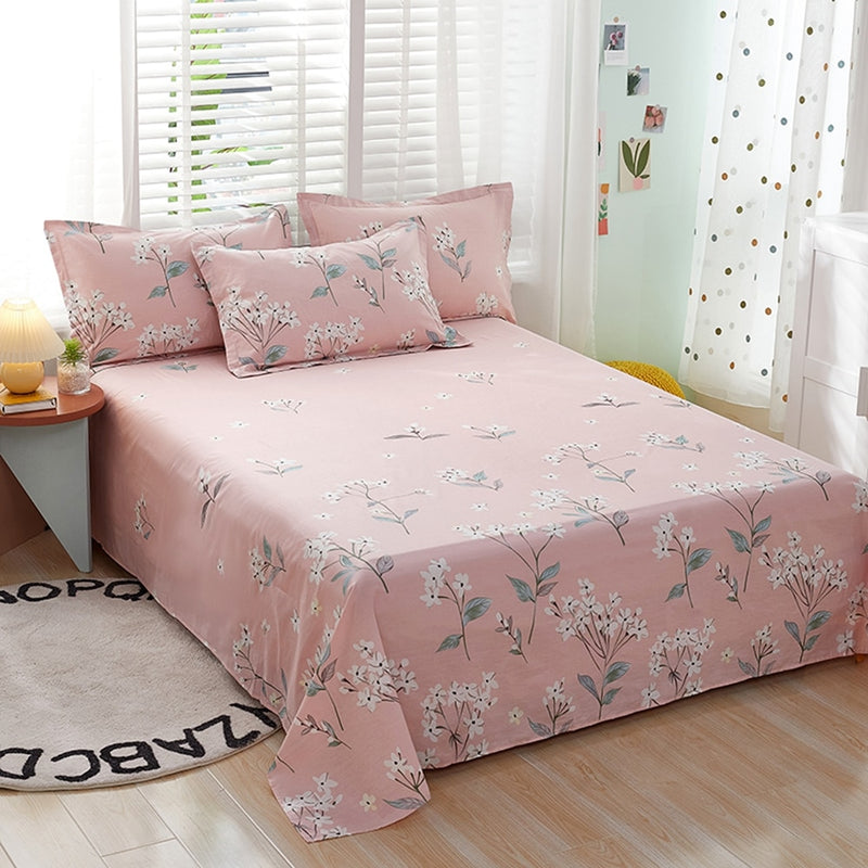 100% Cotton Bed Sheet Pink Flowers Printed Double Top King Sheets