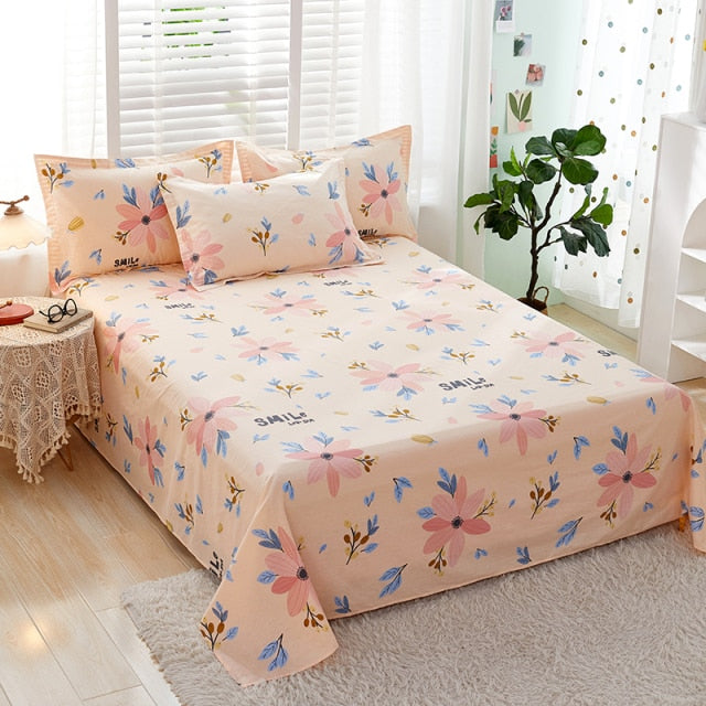 100% Cotton Bed Sheet Pink Flowers Printed Double Top King Sheets