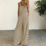 Women Jumpsuit Summer Sleeveless Solid Color Wide Leg Pockets