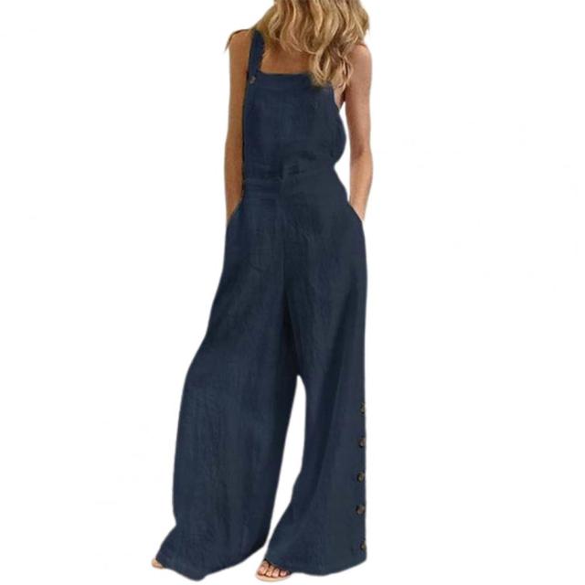 Women Jumpsuit Summer Sleeveless Solid Color Wide Leg Pockets