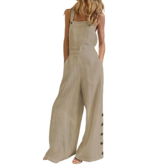 Women Jumpsuit Summer Sleeveless Solid Color Wide Leg Pockets