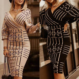 2021 fashion dress Korean style temperament women's striped mid-length V-neck long-sleeved high-waist dress