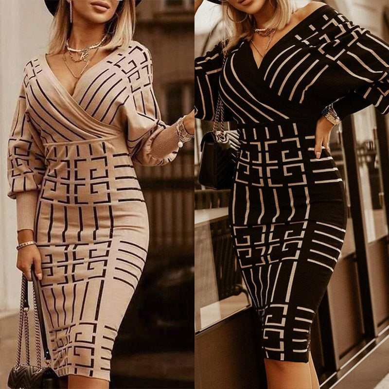2021 fashion dress Korean style temperament women's striped mid-length V-neck long-sleeved high-waist dress