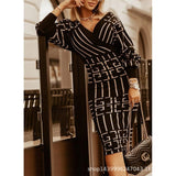 2021 fashion dress Korean style temperament women's striped mid-length V-neck long-sleeved high-waist dress