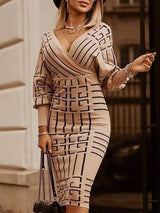 2021 fashion dress Korean style temperament women's striped mid-length V-neck long-sleeved high-waist dress