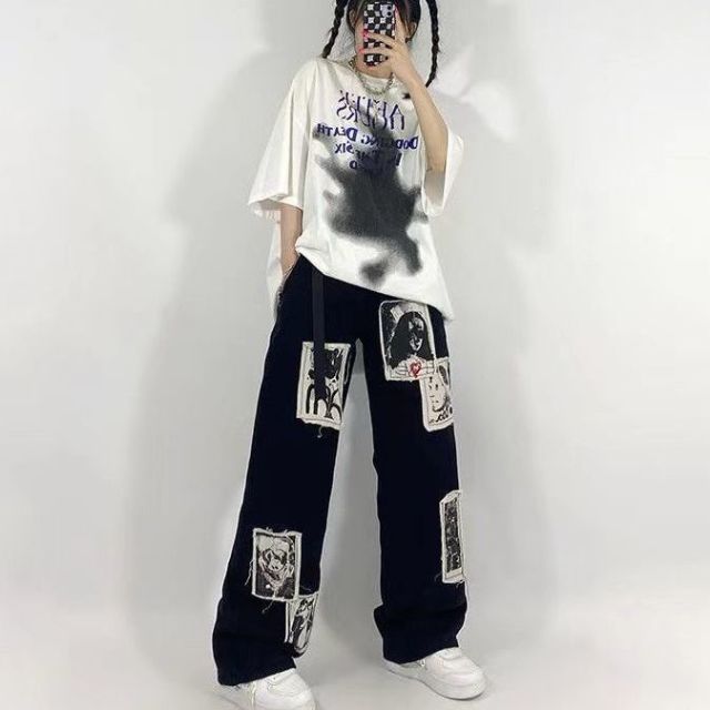 Black Jeans Women Hip Hop Print Pants