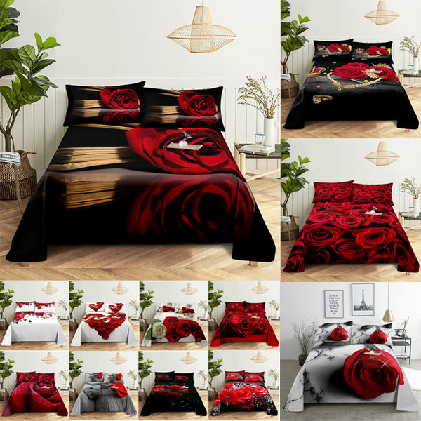 3D HD Bed Sheet Linen Pillow Case Cover Home Bedding Set Pillowcase Red Rose