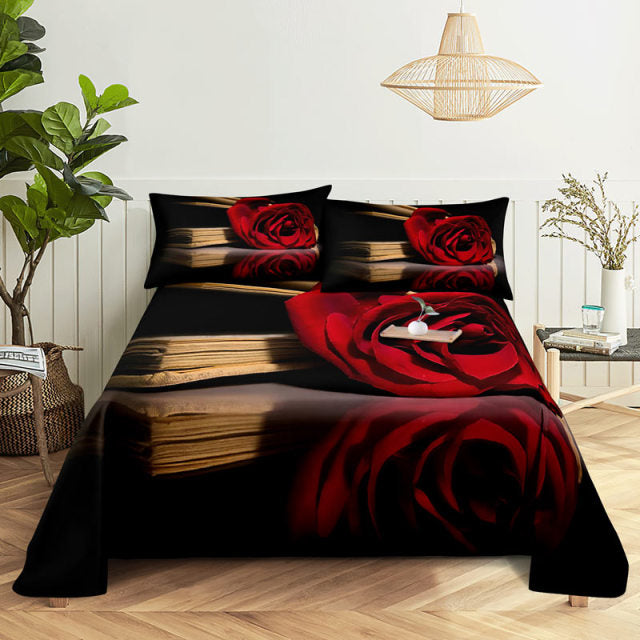 3D HD Bed Sheet Linen Pillow Case Cover Home Bedding Set Pillowcase Red Rose