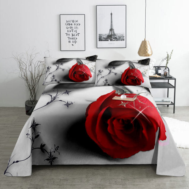 3D HD Bed Sheet Linen Pillow Case Cover Home Bedding Set Pillowcase Red Rose