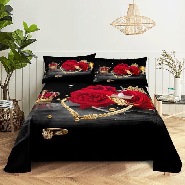 3D HD Bed Sheet Linen Pillow Case Cover Home Bedding Set Pillowcase Red Rose