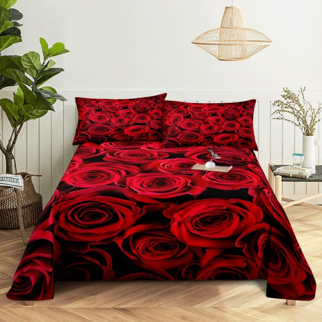 3D HD Bed Sheet Linen Pillow Case Cover Home Bedding Set Pillowcase Red Rose