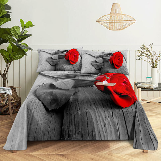 3D HD Bed Sheet Linen Pillow Case Cover Home Bedding Set Pillowcase Red Rose
