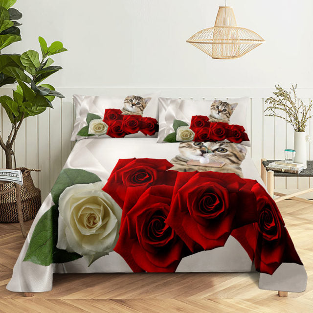 3D HD Bed Sheet Linen Pillow Case Cover Home Bedding Set Pillowcase Red Rose