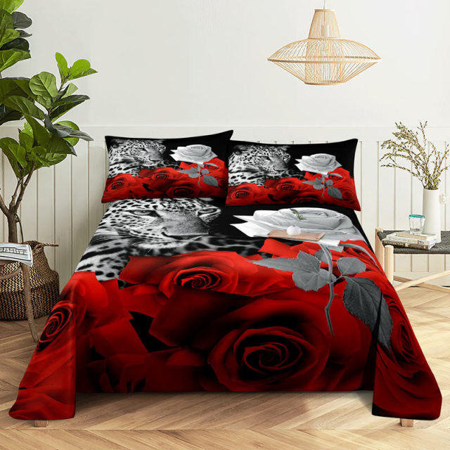 3D HD Bed Sheet Linen Pillow Case Cover Home Bedding Set Pillowcase Red Rose