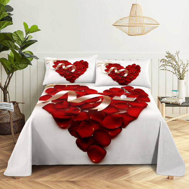 3D HD Bed Sheet Linen Pillow Case Cover Home Bedding Set Pillowcase Red Rose