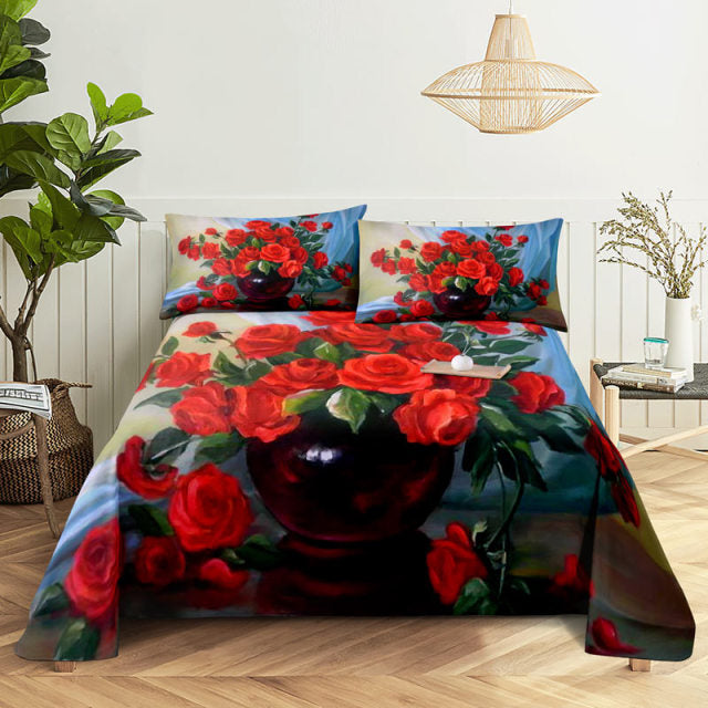 3D HD Bed Sheet Linen Pillow Case Cover Home Bedding Set Pillowcase Red Rose