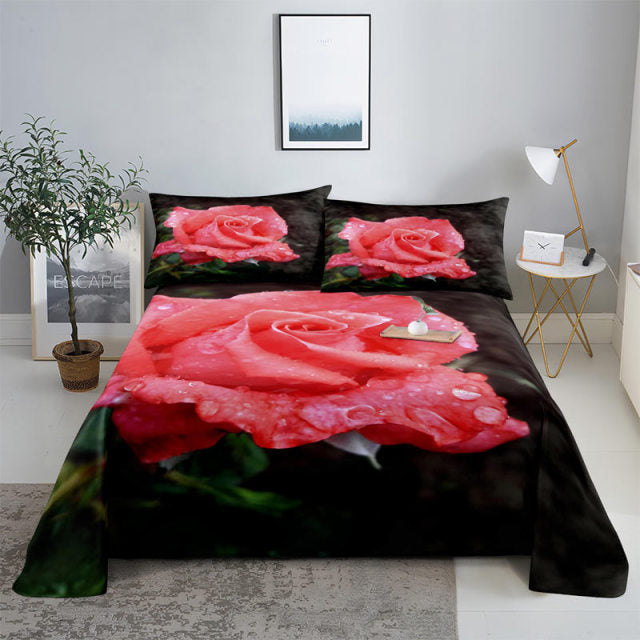 3D HD Bed Sheet Linen Pillow Case Cover Home Bedding Set Pillowcase Red Rose